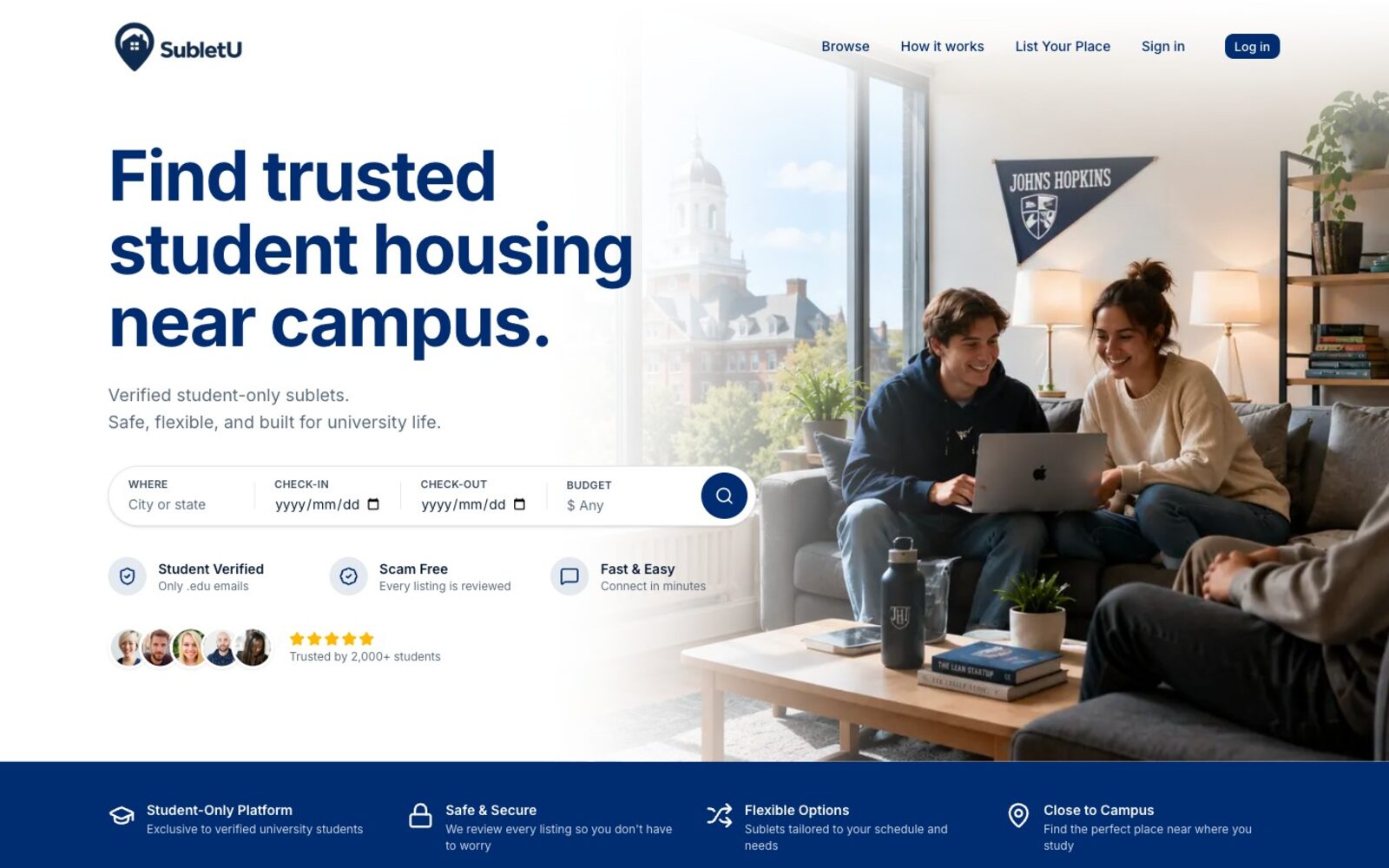 SubletU homepage — find trusted student housing near campus