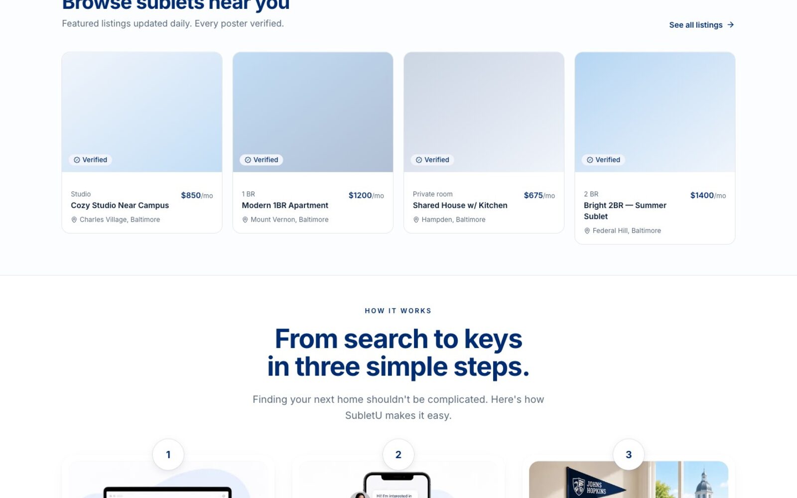 SubletU verified listings grid with prices and locations